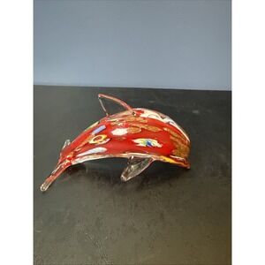 Glass Red Gold 5" Dolphin Hand Blown Art Paperweight Figurine